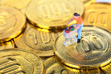 Miniature doll pushing shopping cart on gold coin