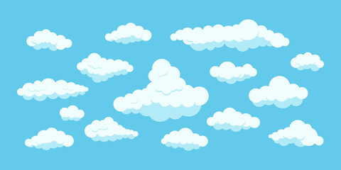 Fluffy clouds set isolated on blue heaven background. Cartoon white clouds collection for 2d sky scene and backgrounds. Flat design clip art vector illustration.