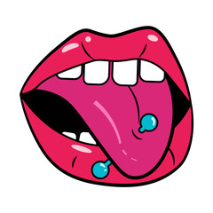 Red opened attractive mouth with pierced tongue.