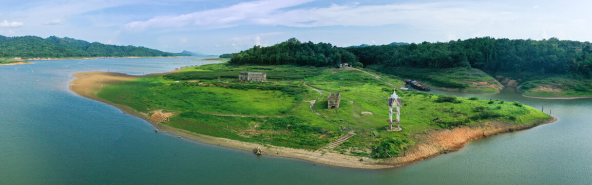 Vajiralongkorn, Wat Saam Prasob, the Sunken drowning Temple in Sangkhlaburi in Kanchanaburi, Thailand