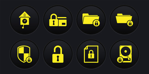 Set Shield security with lock, Folder and, Open padlock, Document, and Credit card icon. Vector