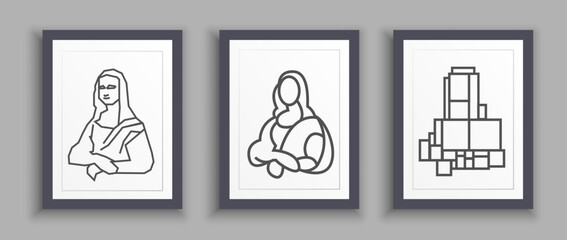 Mona Lisa graphic illustration posters. Line drawings of Mona Lisa painting in three forms.