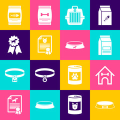 Set Pet food bowl, Dog house and bone, Bag of, carry case, Certificate for dog or cat and award symbol icon. Vector