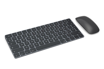 Modern black aluminum computer keyboard and mouse isolated on white background.