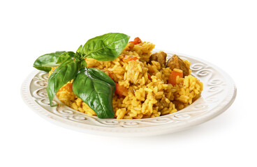 Plate with tasty pilaf on white background