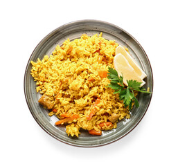 Plate with tasty pilaf on white background