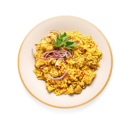 Plate with tasty pilaf on white background