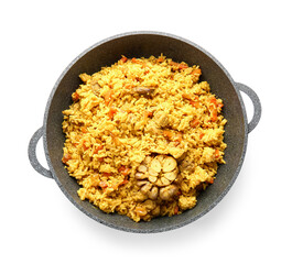 Frying pan with tasty pilaf on white background
