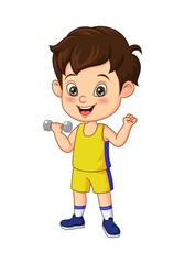 Cartoon little boy exercising with dumbbells