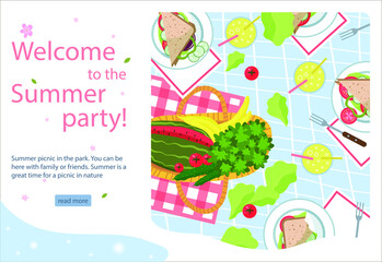 Summer picnic party. watermelon, bananas, parsley, tomatoes, salad, sandwich on plate on tablecloth. Vector illustration. Summertime Poster or banner. Concept landing page, web page design for website