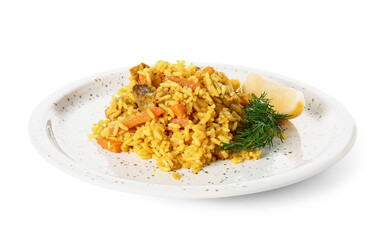 Plate with tasty pilaf on white background