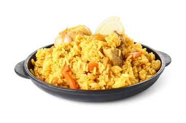 Frying pan with tasty pilaf on white background