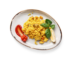 Plate with tasty pilaf on white background