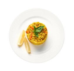 Plate with tasty pilaf on white background