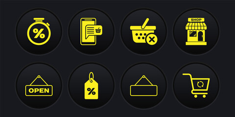 Set Hanging sign with Open door, Market store, Discount percent tag, Signboard hanging, Remove shopping basket, Mobile and, Refresh cart and Stopwatch icon. Vector