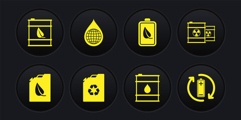 Set Bio fuel canister, Radioactive waste in barrel, Eco, Oil, nature leaf and battery, Earth planet water drop, Battery with recycle and icon. Vector