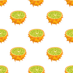 Seamless pattern with fresh half cut yellow kiwano fruit isolated on white background. Summer fruits for healthy lifestyle. Organic fruit. Cartoon style. Vector illustration for any design.