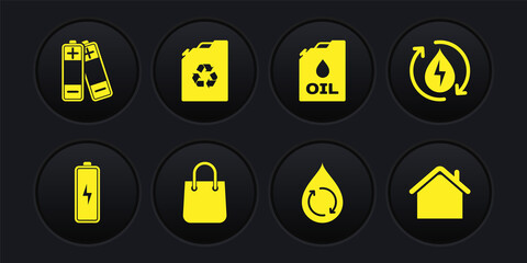 Set Battery, Recycle clean aqua, Shopping bag, Canister machine oil, Eco fuel canister, House and icon. Vector