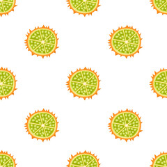 Seamless pattern with fresh half cut yellow kiwano fruit isolated on white background. Summer fruits for healthy lifestyle. Organic fruit. Cartoon style. Vector illustration for any design.