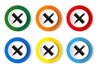 Pencil and ruler crossed line icon, outline vector sign. Drawing tools symbol, logo illustration. Editable stroke. Flat design illustration with web buttons in 6 colors options