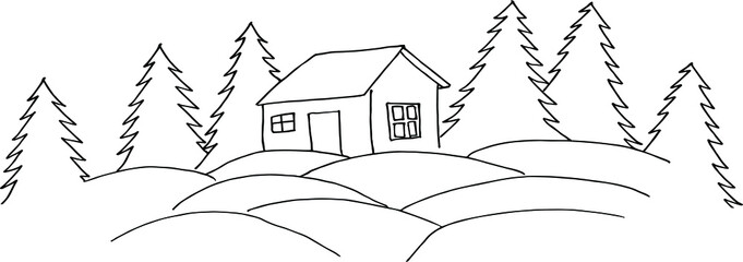 Landscape  drawn by lines, a house in the forest between the Christmas trees.
