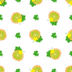 Seamless pattern with fresh yellow kiwano fruit and flowers isolated on white background. Summer fruits for healthy lifestyle. Organic fruit. Cartoon style. Vector illustration for any design.