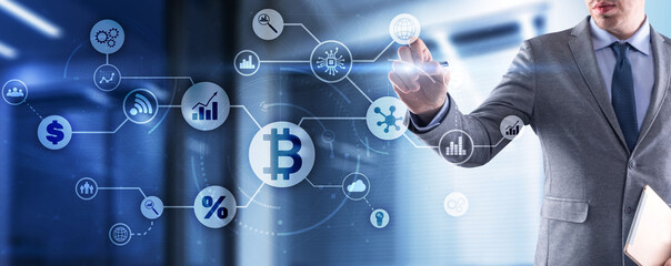 BTC. Digital money and technology worldwide network concept. Virtual bitcoin digital currency coin