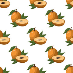 Seamless pattern with fresh sapodilla fruits isolated on white background. Summer fruits for healthy lifestyle. Organic fruit. Cartoon style. Vector illustration for any design.