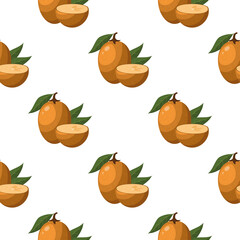 Seamless pattern with fresh sapodilla fruits isolated on white background. Summer fruits for healthy lifestyle. Organic fruit. Cartoon style. Vector illustration for any design.