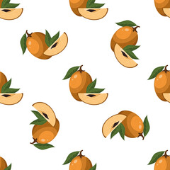 Seamless pattern with fresh sapodilla fruits isolated on white background. Summer fruits for healthy lifestyle. Organic fruit. Cartoon style. Vector illustration for any design.