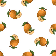 Seamless pattern with fresh sapodilla fruits isolated on white background. Summer fruits for healthy lifestyle. Organic fruit. Cartoon style. Vector illustration for any design.