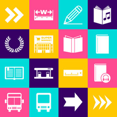 Set Arrow, Audio book, Book, Pencil and line, Supermarket building, Laurel wreath, and Open icon. Vector