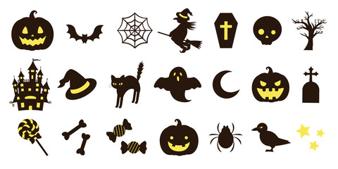 可愛くておしゃれなハロウィンのシルエットのアイコンのべクターイラストセット(HALLOWEEN,シンボル)