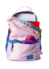 School backpack and stationery on white background