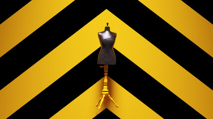 	
Black Judy Dressmakers Dress Form Mannequin with Yellow an Black Chevron Pattern Background 3d illustration render
