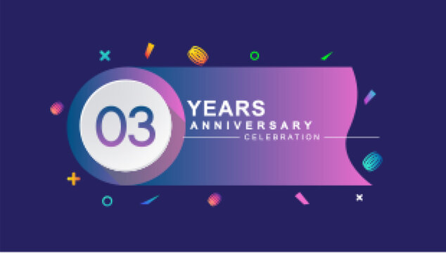 3rd years anniversary celebration with colorful design, circle and ribbon isolated on dark background