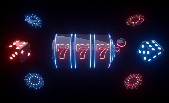 Casino Gambling Concept. Slot Machine, Chips And Dices With Futuristic Red And Blue Neon Lights - 3D Illustration