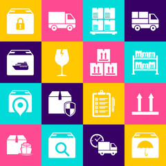 Set Delivery package with umbrella, This side up, Warehouse, Cardboard boxes on pallet, Fragile broken glass, Cargo ship, Locked and traffic icon. Vector