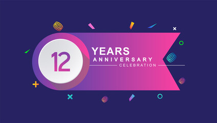 12th years anniversary celebration with colorful design, circle and ribbon isolated on dark background