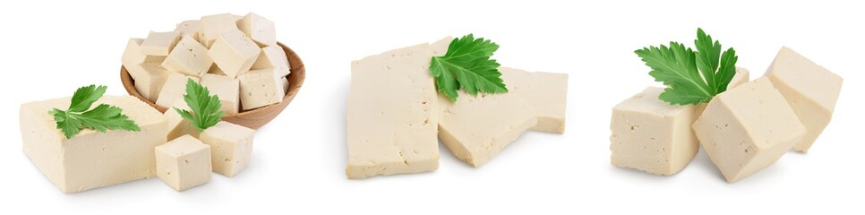 tofu cheese isolated on white background with clipping path and full depth of field, Set or collection