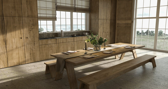 Scandinavian farmhouse style wooden kitchen with window blinds. Dining table with dishes. 3d render illustration.