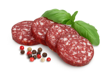Smoked sausage salami slices isolated on white background with clipping path and full depth of field