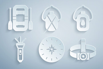 Set Compass, Canteen water bottle, Flashlight, Head flashlight, and Rafting boat icon. Vector