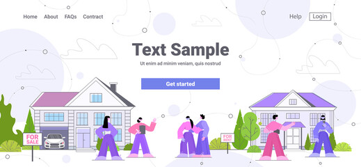 realtor showing country house to customers real estate agency mortgage loan offer on real estate website