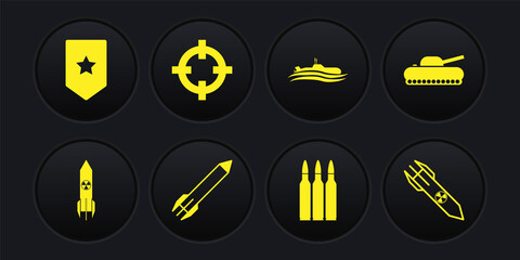 Set Nuclear rocket, Military tank, Rocket, Bullet, Submarine, Target sport, and Chevron icon. Vector