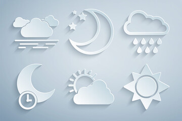 Set Sun and cloud weather, Cloud with rain, Sleeping moon, Moon stars and icon. Vector © vector_v