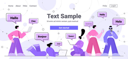 people using translation application multilingual greeting international online communication concept