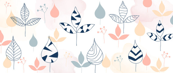 Leaves background vector. Minimal abstract art, Floral hand drawn drawn doodle style wallpaper design for fabric, wall decoration, banner and prints.