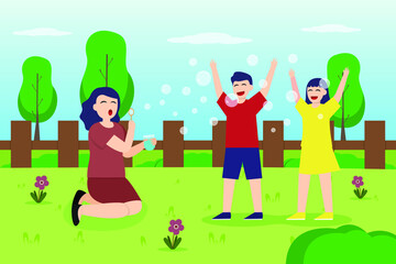Quality time vector concept: Young mother and her children playing bubbles in the park while enjoying quality time 