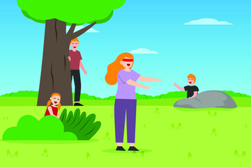 Quality time vector concept: Young parents and their children playing hide and seek in the park while enjoying quality time 